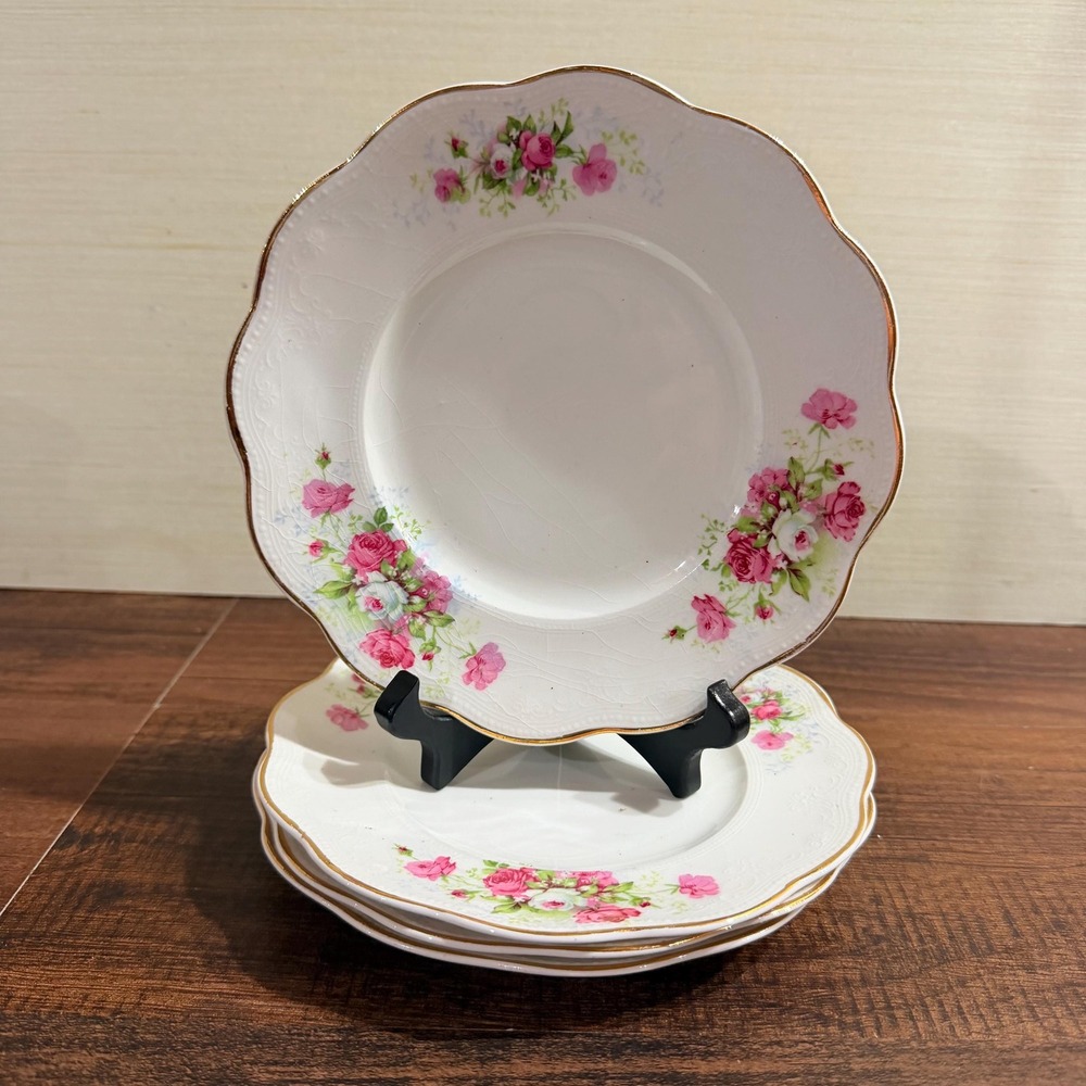 4 Antique Smith Phillips Bread and Butter Plates 7" Pink Rose Princess Gold Trim